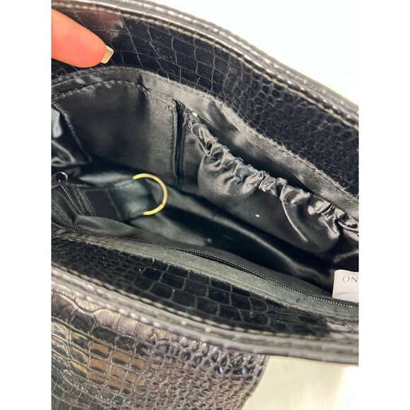 Black Croc Embossed Shoulder Bag With Gold Alligator Detail By Bueno - Picture 8 of 11